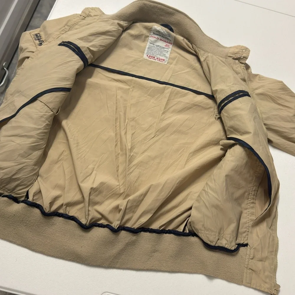 Polo Garage Bomber Jacket Mens M Tan Excellent Harrington Marine League Crest